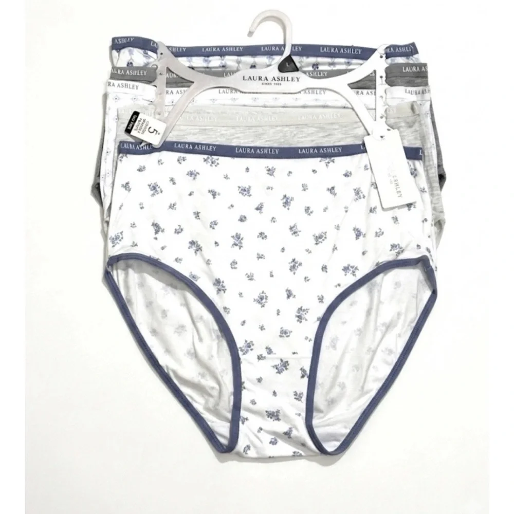LAURA ASHLEY 5 PACK SOFT COTTON BRIEF PANTIES L ASSORTED FLORAL SOLIDS TAG FREE - Picture 1 of 8
